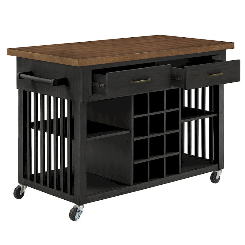 Rolling Kitchen Island Cart with Wine Rack Drawers Oak Finish