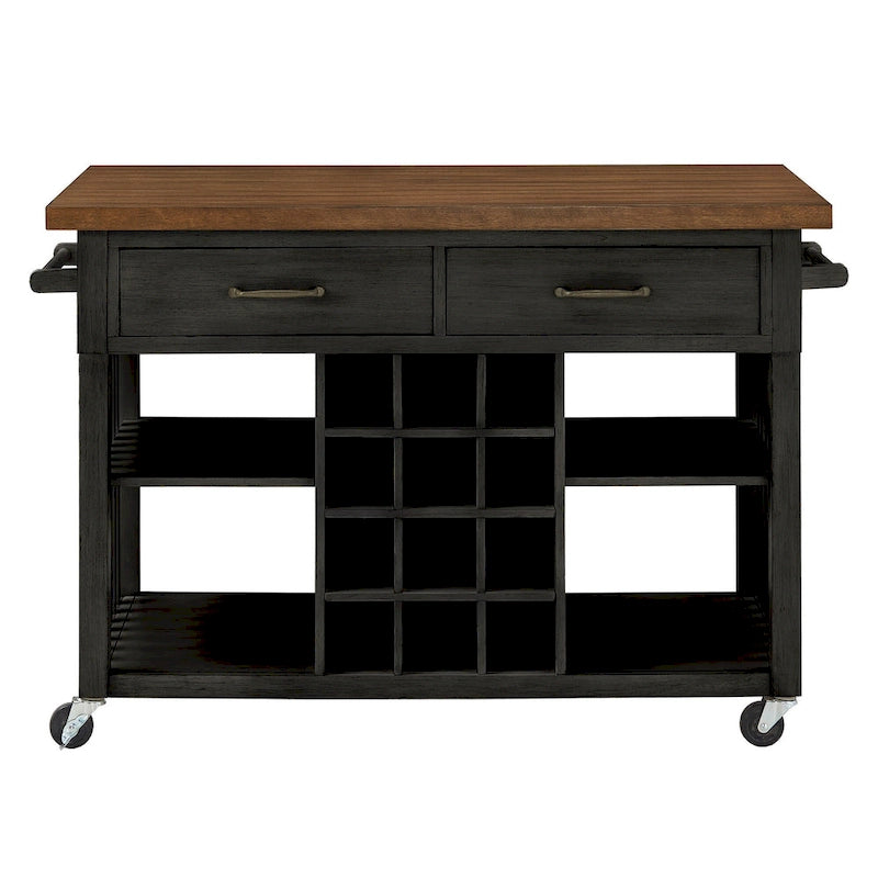 Rolling Kitchen Island Cart with Wine Rack Drawers Oak Finish