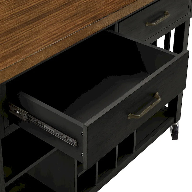 Rolling Kitchen Island Cart with Wine Rack Drawers Oak Finish
