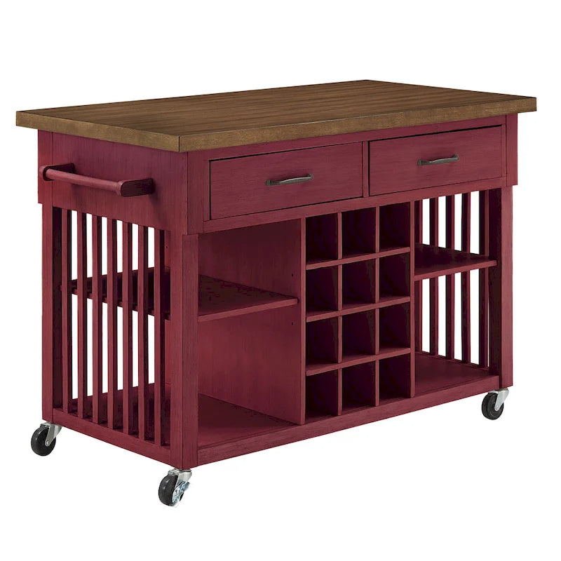 Rolling Kitchen Island Cart with Wine Rack Drawers Oak Finish