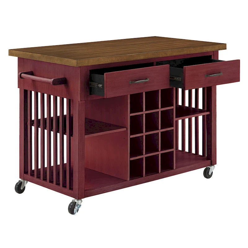 Rolling Kitchen Island Cart with Wine Rack Drawers Oak Finish