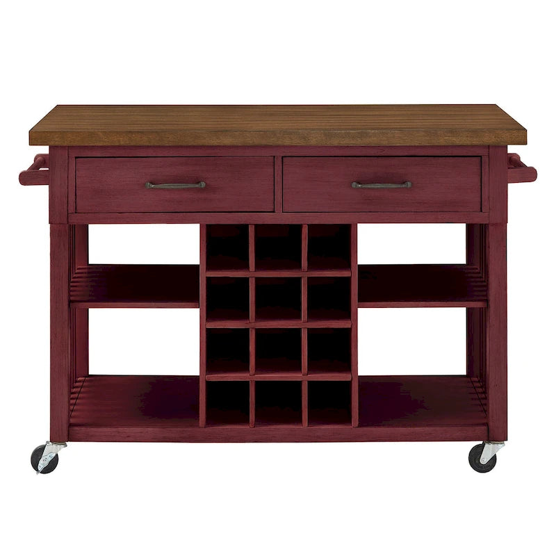 Rolling Kitchen Island Cart with Wine Rack Drawers Oak Finish
