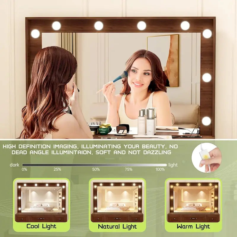Lighted Mirror Makeup Vanity Dressing Table with Drawers, White Black Grey Brown