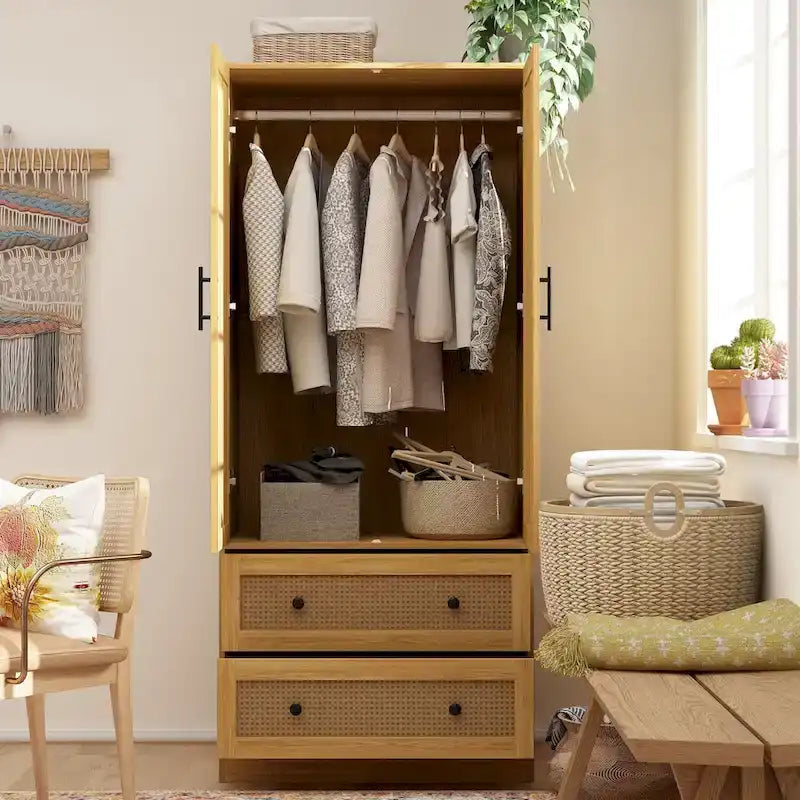 Freestanding Wooden Two-Door Two-Drawer Wardrobe Closet Storage Cabinet Natural