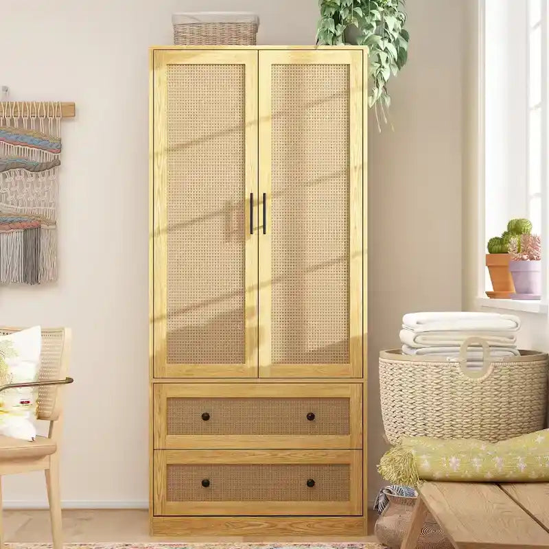 Freestanding Wooden Two-Door Two-Drawer Wardrobe Closet Storage Cabinet Natural