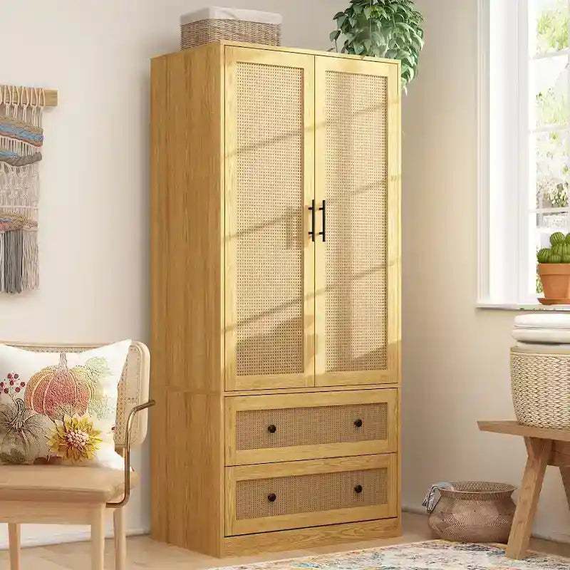 Freestanding Wooden Two-Door Two-Drawer Wardrobe Closet Storage Cabinet Natural