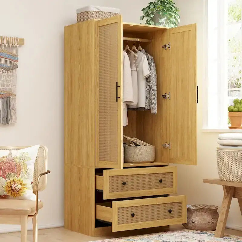 Freestanding Wooden Two-Door Two-Drawer Wardrobe Closet Storage Cabinet Natural