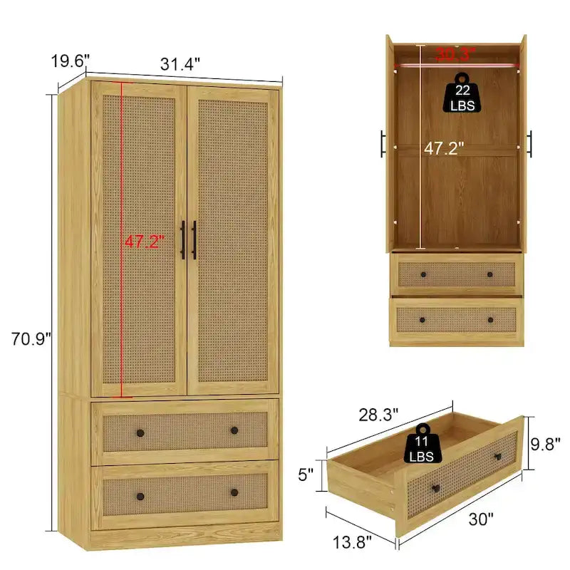 Freestanding Wooden Two-Door Two-Drawer Wardrobe Closet Storage Cabinet Natural