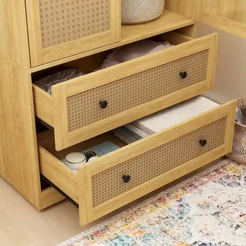 Freestanding Wooden Two-Door Two-Drawer Wardrobe Closet Storage Cabinet Natural