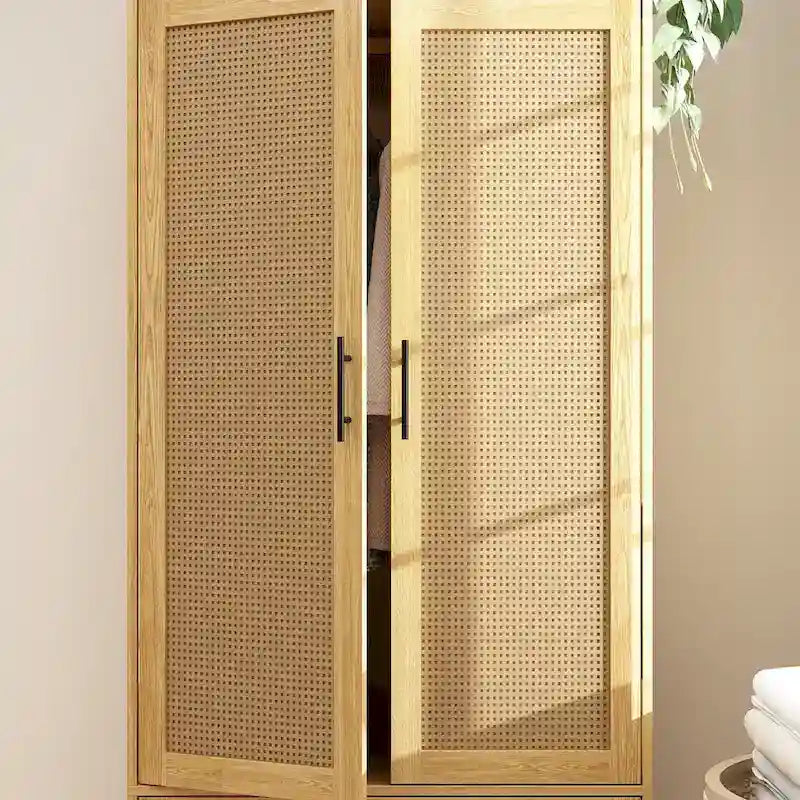 Freestanding Wooden Two-Door Two-Drawer Wardrobe Closet Storage Cabinet Natural