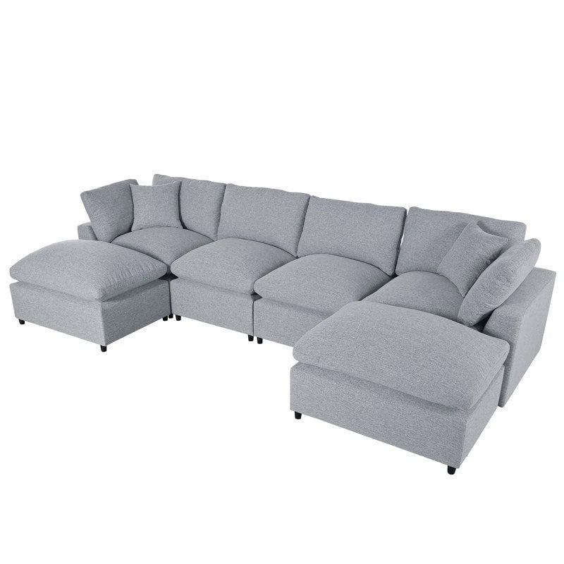 Large Sectional Sofa with Chaise Removable Cushions Polyester Grey Beige