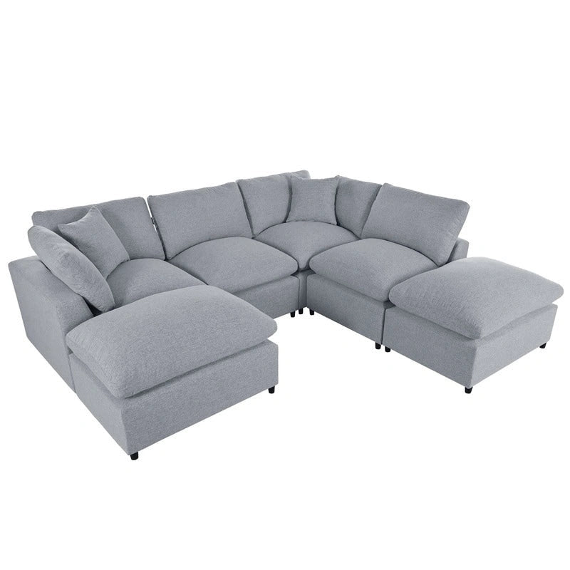 Large Sectional Sofa with Chaise Removable Cushions Polyester Grey Beige