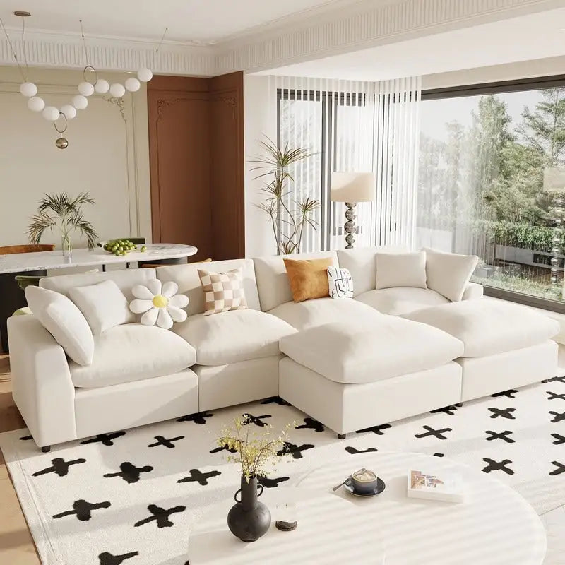 Large Sectional Sofa with Chaise Removable Cushions Polyester Grey Beige