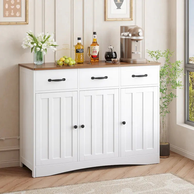 Wood Storage Sideboard Cabinet with 3 Drawers and Doors, Retro White and Grey