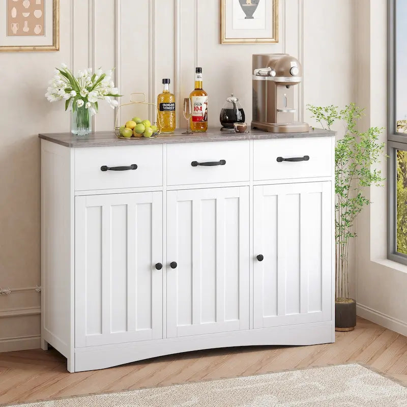 Wood Storage Sideboard Cabinet with 3 Drawers and Doors, Retro White and Grey