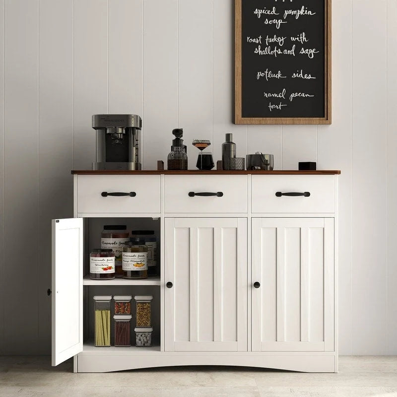 Wood Storage Sideboard Cabinet with 3 Drawers and Doors, Retro White and Grey