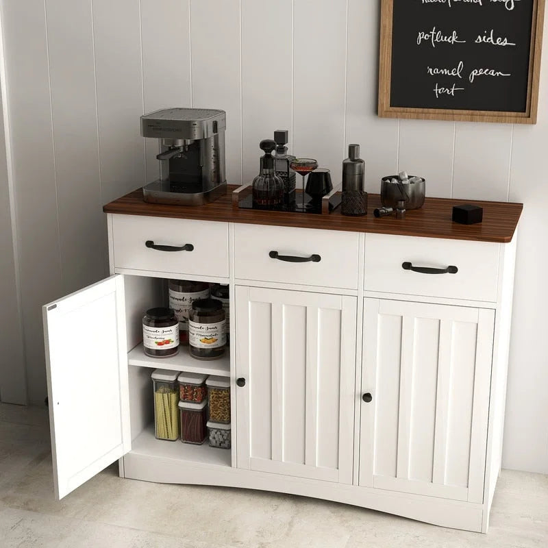 Wood Storage Sideboard Cabinet with 3 Drawers and Doors, Retro White and Grey