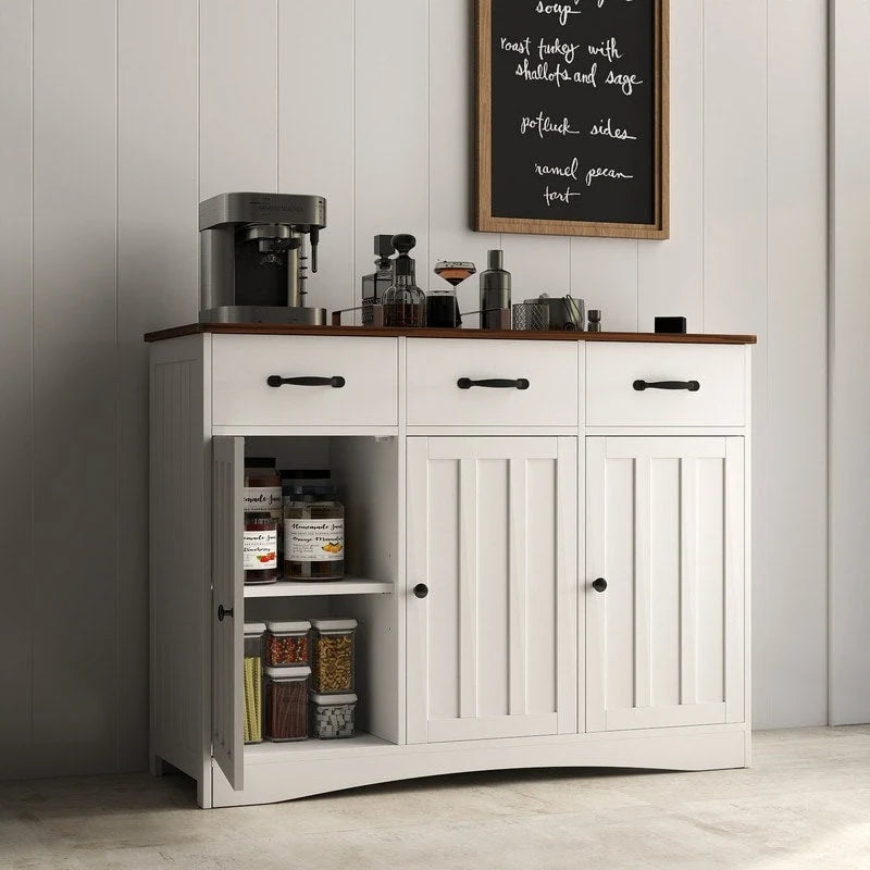 Wood Storage Sideboard Cabinet with 3 Drawers and Doors, Retro White and Grey