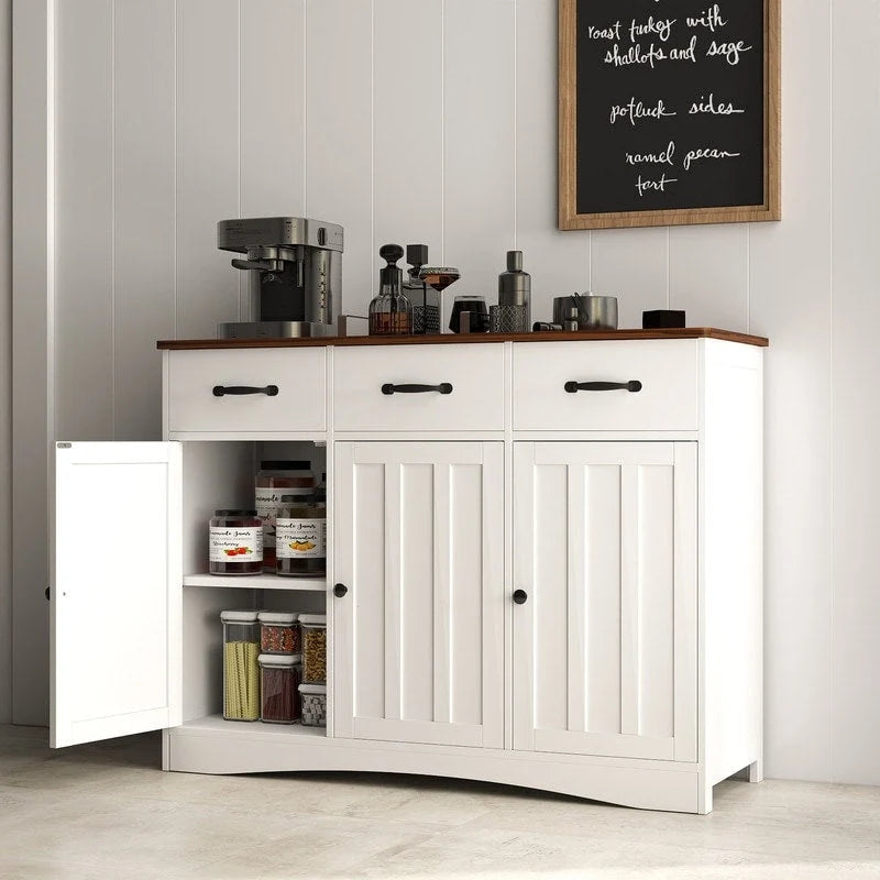 Wood Storage Sideboard Cabinet with 3 Drawers and Doors, Retro White and Grey