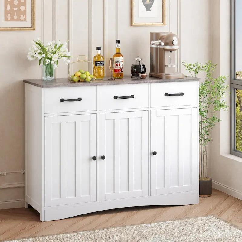 Wood Storage Sideboard Cabinet with 3 Drawers and Doors, Retro White and Grey