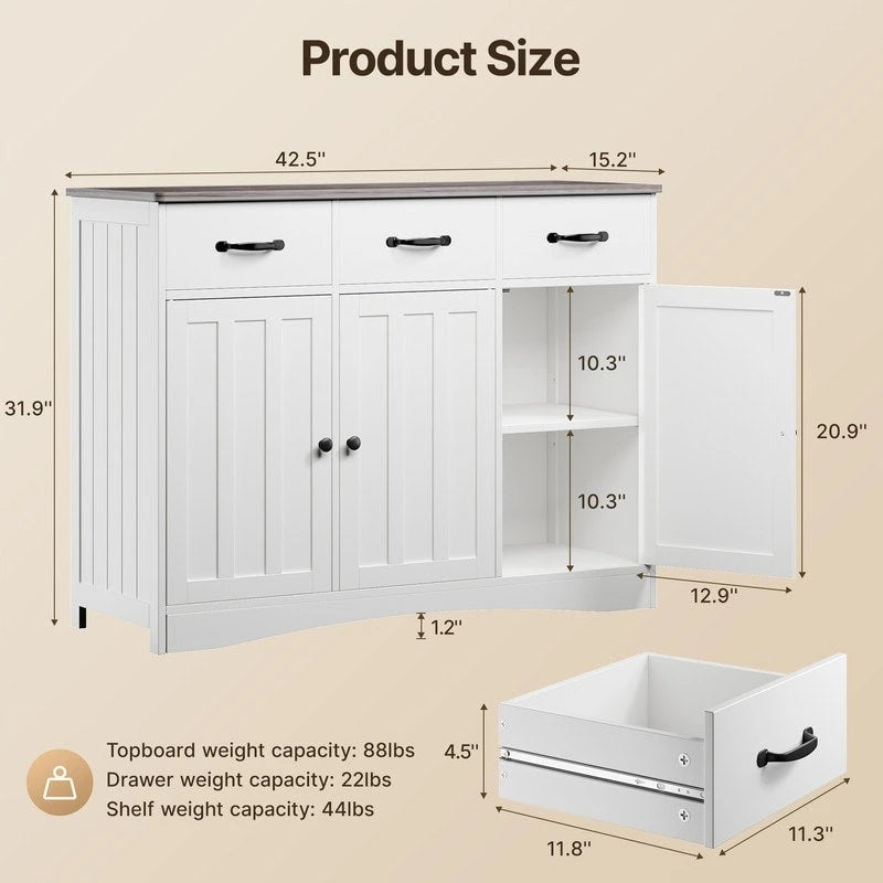Wood Storage Sideboard Cabinet with 3 Drawers and Doors, Retro White and Grey