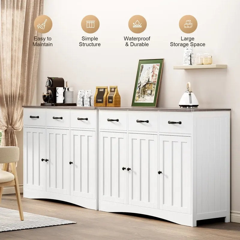 Wood Storage Sideboard Cabinet with 3 Drawers and Doors, Retro White and Grey