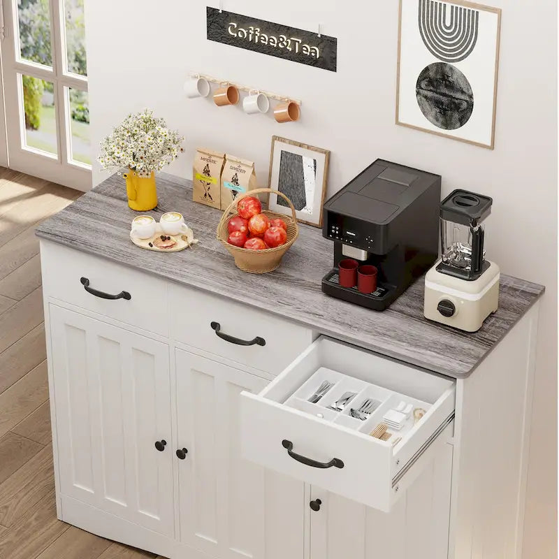 Wood Storage Sideboard Cabinet with 3 Drawers and Doors, Retro White and Grey