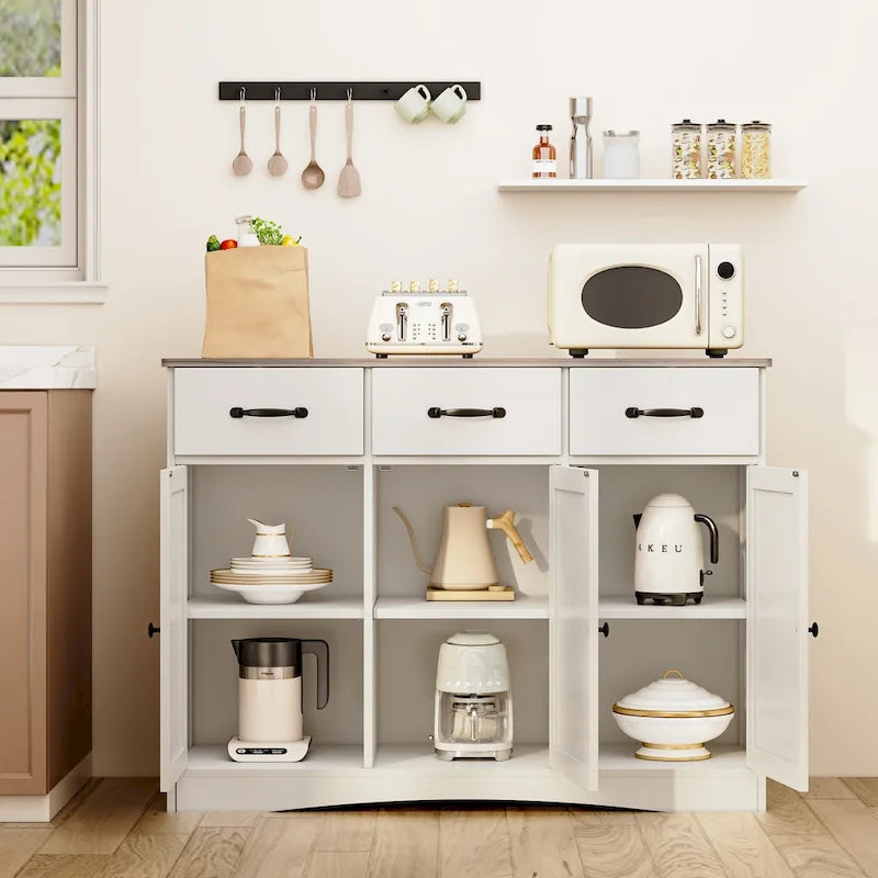 Wood Storage Sideboard Cabinet with 3 Drawers and Doors, Retro White and Grey