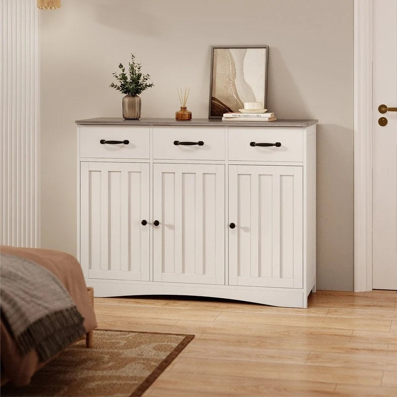 Wood Storage Sideboard Cabinet with 3 Drawers and Doors, Retro White and Grey
