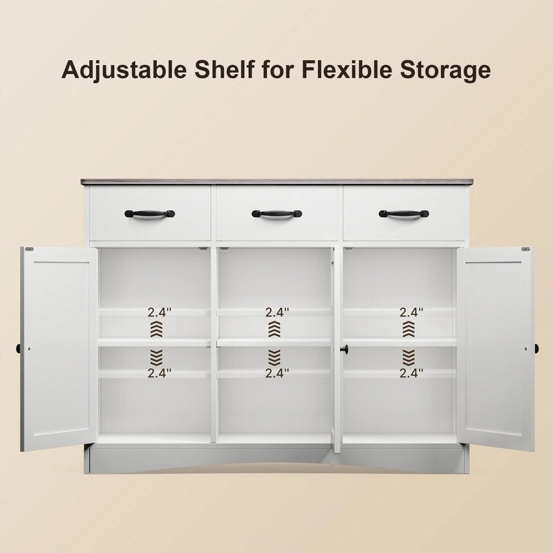 Wood Storage Sideboard Cabinet with 3 Drawers and Doors, Retro White and Grey