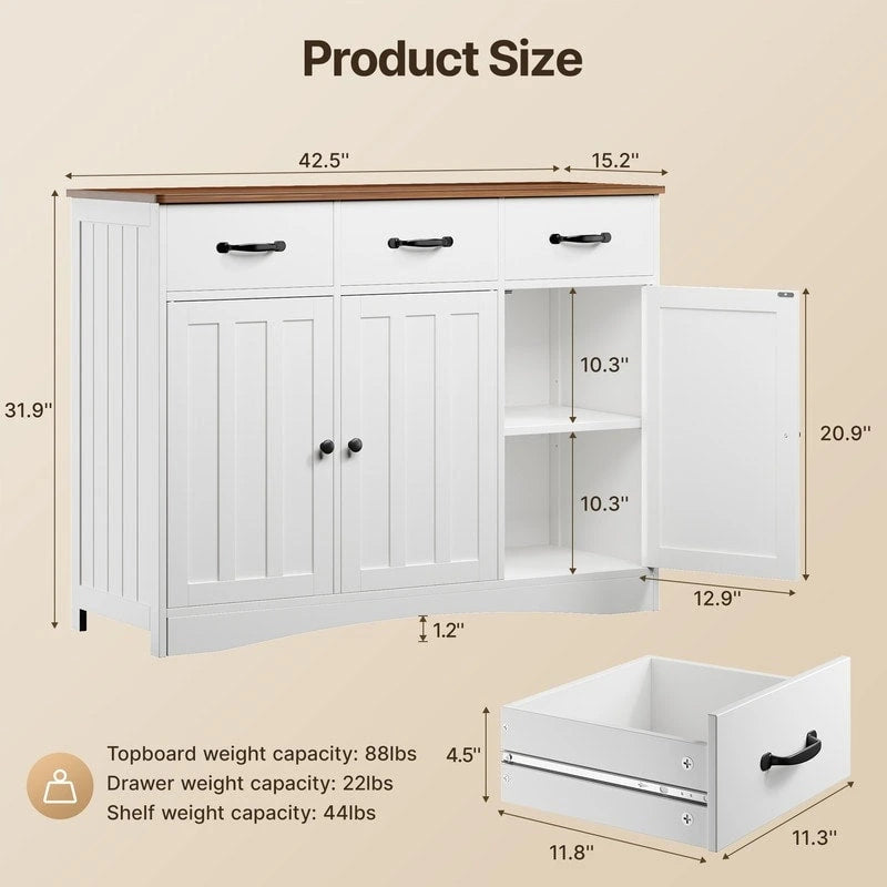 Wood Storage Sideboard Cabinet with 3 Drawers and Doors, Retro White and Grey