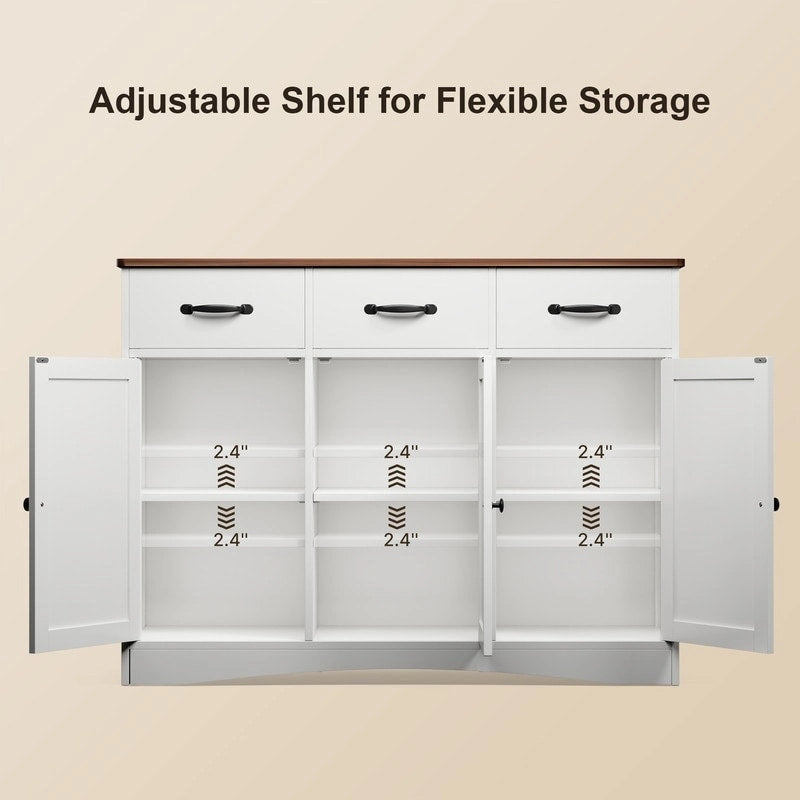 Wood Storage Sideboard Cabinet with 3 Drawers and Doors, Retro White and Grey