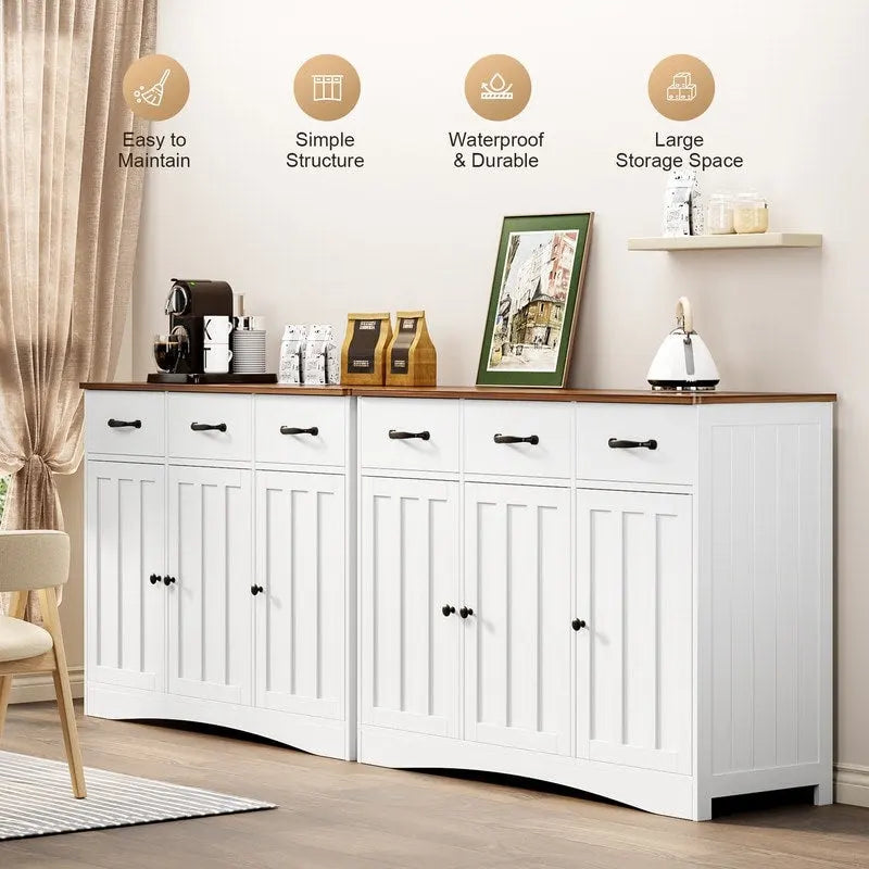 Wood Storage Sideboard Cabinet with 3 Drawers and Doors, Retro White and Grey