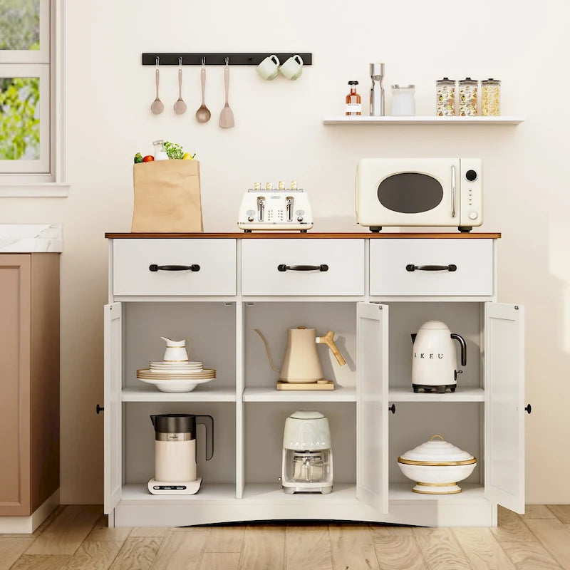 Wood Storage Sideboard Cabinet with 3 Drawers and Doors, Retro White and Grey