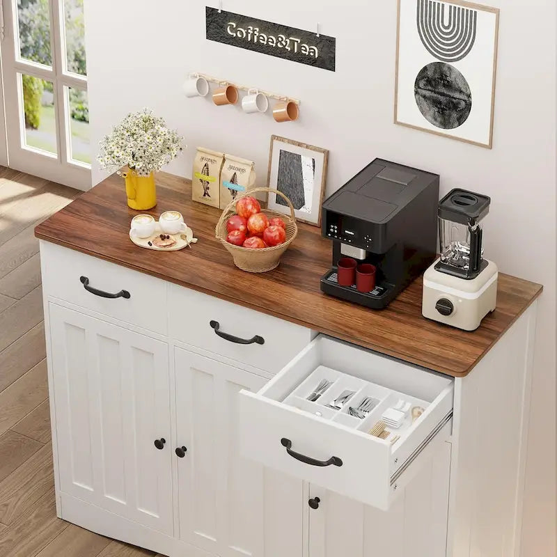 Wood Storage Sideboard Cabinet with 3 Drawers and Doors, Retro White and Grey