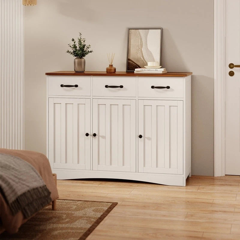 Wood Storage Sideboard Cabinet with 3 Drawers and Doors, Retro White and Grey