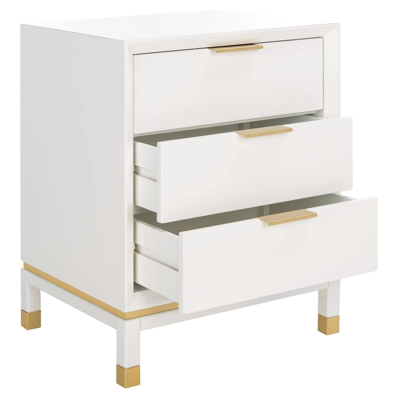 White 3-Drawer Nightstand Accent Table with Gold-Capped Legs