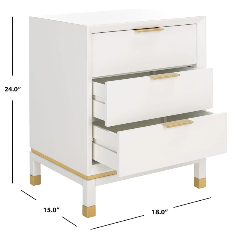 White 3-Drawer Nightstand Accent Table with Gold-Capped Legs