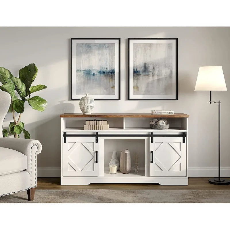 Farmhouse Sliding Barn Door TV Stand White Wood Grain Media Console