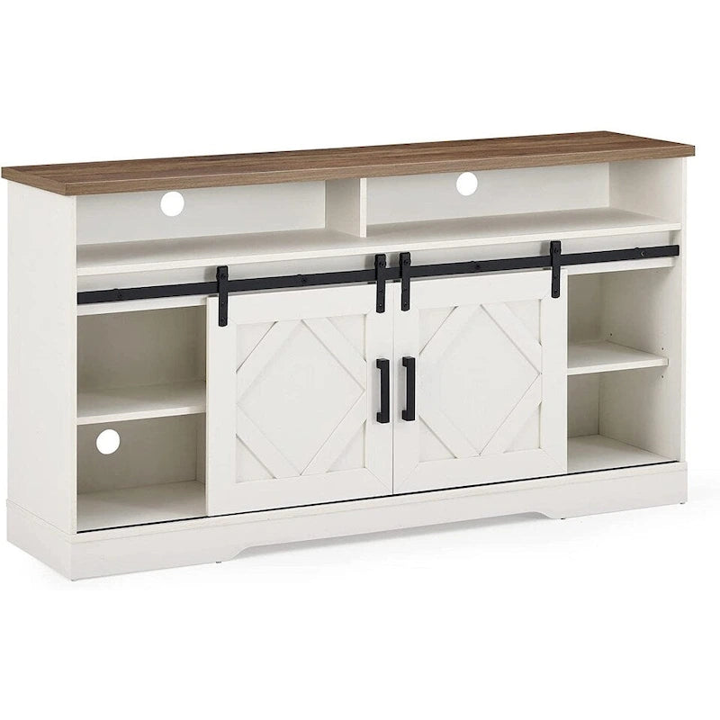 Farmhouse Sliding Barn Door TV Stand White Wood Grain Media Console