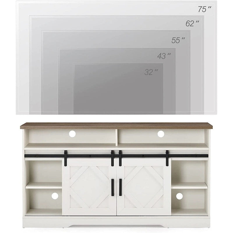 Farmhouse Sliding Barn Door TV Stand White Wood Grain Media Console