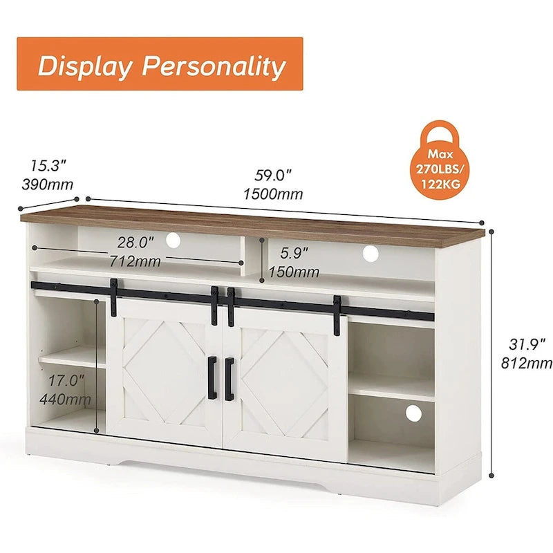 Farmhouse Sliding Barn Door TV Stand White Wood Grain Media Console