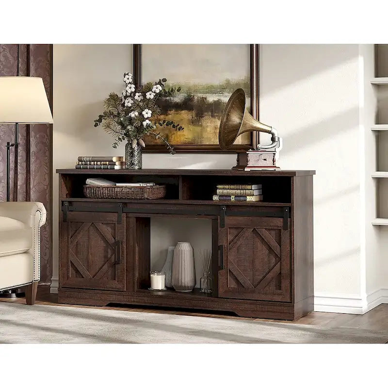 Farmhouse Sliding Barn Door TV Stand White Wood Grain Media Console