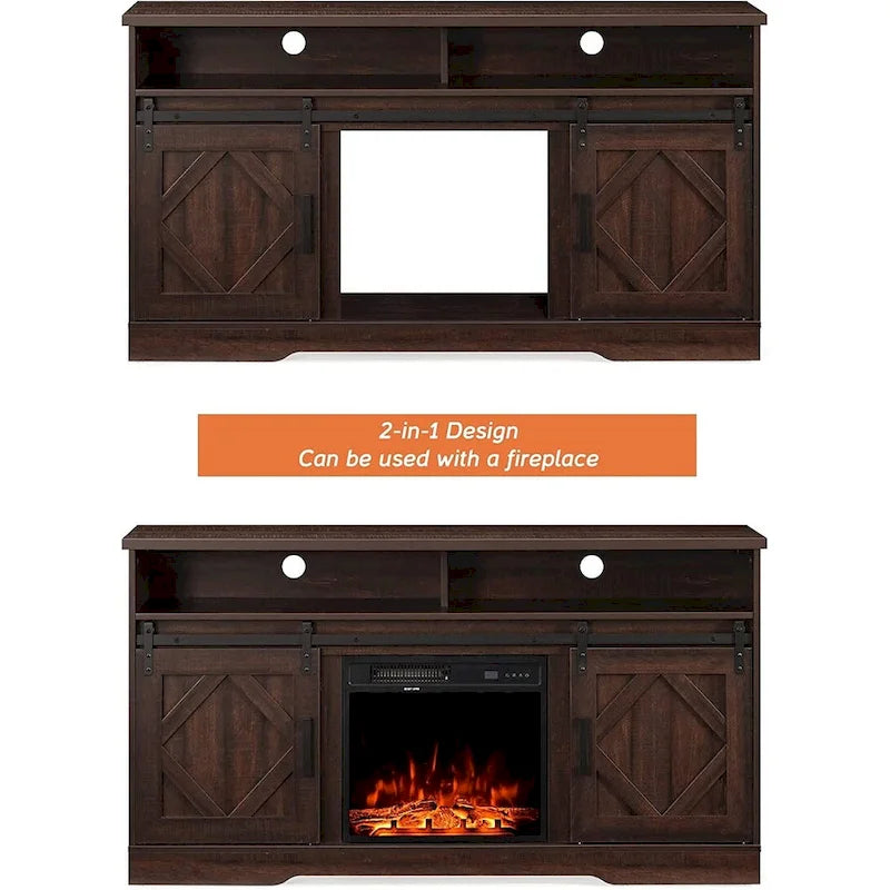 Farmhouse Sliding Barn Door TV Stand White Wood Grain Media Console