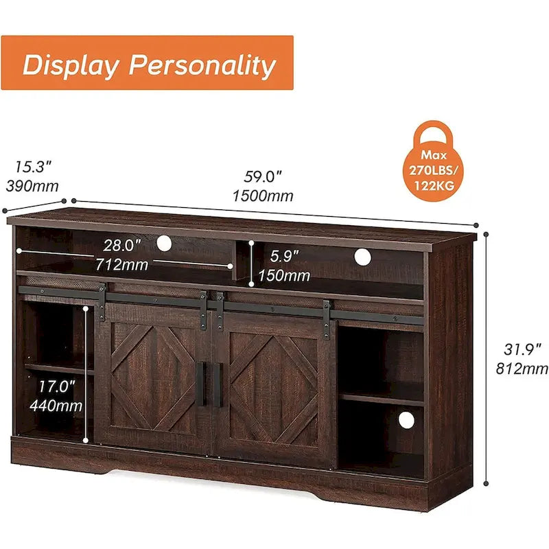 Farmhouse Sliding Barn Door TV Stand White Wood Grain Media Console