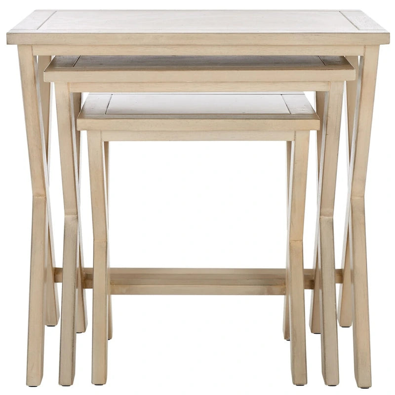 Antiqued White Birch Solid Wood Stacking Tray Side Table Cross Leg