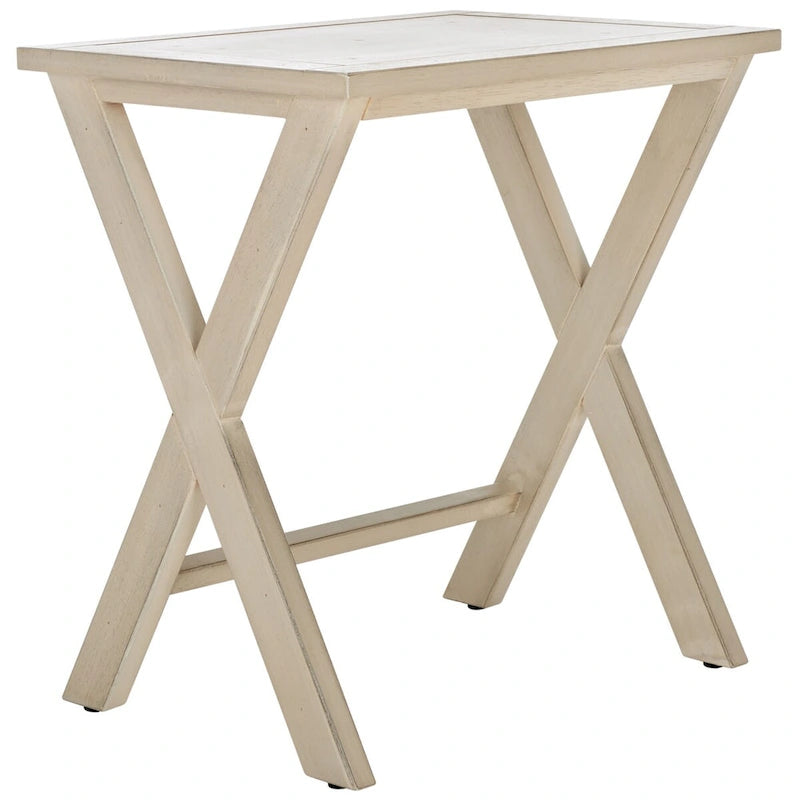 Antiqued White Birch Solid Wood Stacking Tray Side Table Cross Leg