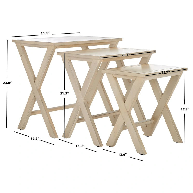 Antiqued White Birch Solid Wood Stacking Tray Side Table Cross Leg