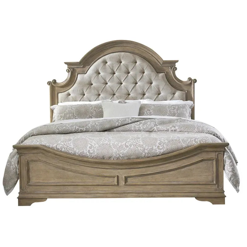 Tufted Upholstered Panel Bed Arched Headboard Weathered Bisque Wood Frame