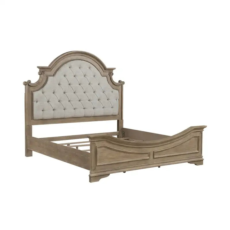 Tufted Upholstered Panel Bed Arched Headboard Weathered Bisque Wood Frame